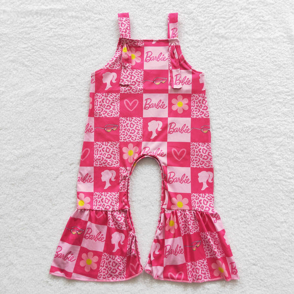 Cartoon Doll Plaid Floral Hot Pink Girls Jumpsuit