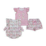 Floral Bow Pattern Pink Girls Shorts Sets