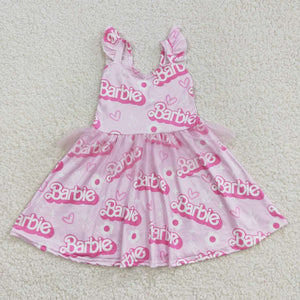 Cartoon Dolls Pink Gauze Girls Flutter Sleeve Dress