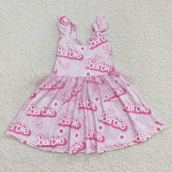 Cartoon Dolls Pink Gauze Girls Flutter Sleeve Dress