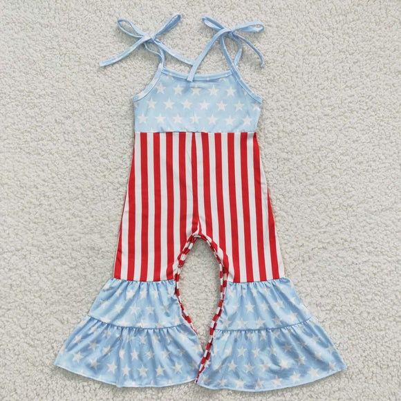 Stars Red Striped Sky Blue Girls 4th of July Jumpsuit