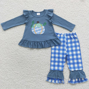 Pumpkin Blue Plaid Girls Long Sleeve+Trousers Sets