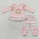 Gold Bow Pumpkin Stripe Pink Girls Long Sleeve+Trousers Sets