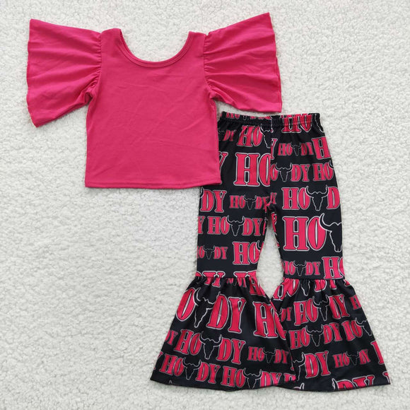 Solid Hot Pink Howdy Girls Short Sleeve+Trousers Sets