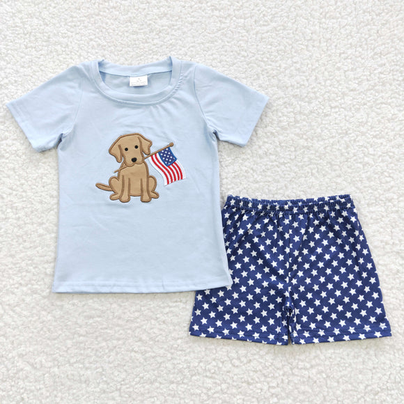 Dog Flag Stars Sky Blue Boys 4th of July Outfits