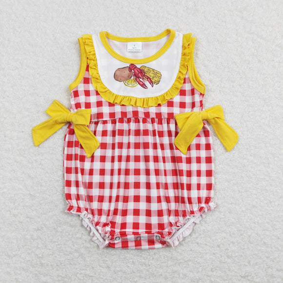 Corn Crawfish Plaid Yellow Ruffles Girls Summer Romper