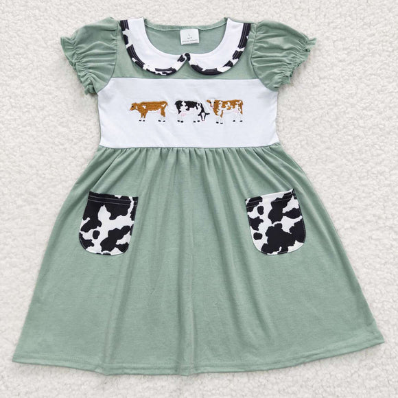 Cows Embroidery Bluish Girls Short Sleeve Dress