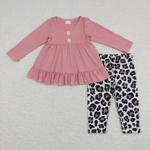 Solid Pink Ruffles Leopard Print Girls Long Sleeve+Trousers Sets