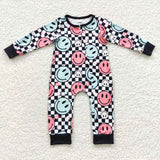 Smile Floral Black Plaid Boys Fall Romper