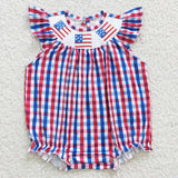 Flag Embroidery Smocked Plaid Girls 4th of July Romper