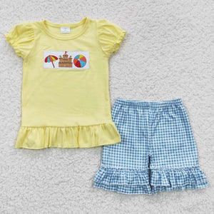 Castle Ball Yellow Blue Plaid Girls Shorts Sets