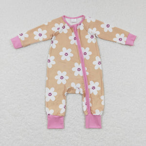 Smile Floral Beige Pink Girls Fall Romper