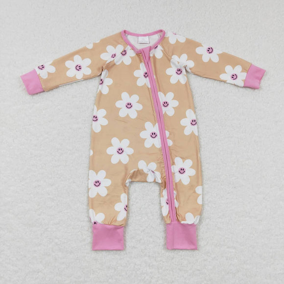 Smile Floral Beige Pink Girls Fall Romper