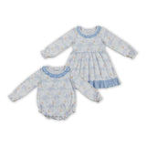 Floral Pumpkin Blue Ruffles White Girls Long Sleeve Dress