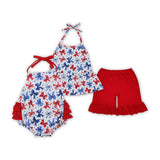 Bow Pattern Stars White Red Ruffles Girls 4th of July Romper