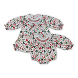 Merry Bow Pattern Smocked Girls Christmas Romper