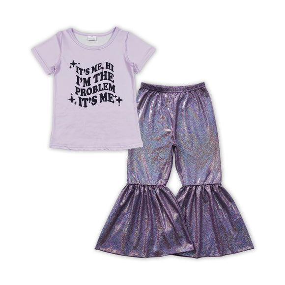 It's me Problem Singer Purple Satin Girls Short Sleeve+Trousers Sets