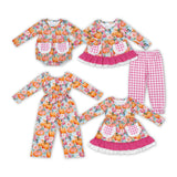 Pumpkin Floral Plaid Pockets Blue Girls Long Sleeve+Trousers Sets