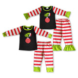 Cartoon Embroidery Red Stripe Black Girls Christmas Pajamas