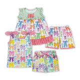 Colorful Bow Pattern Pink Green Girls Shorts Sets