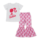 Cartoon Dolls Pink White Girls Short Sleeve+Trousers Sets