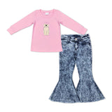 Bow Dog Pink Denim Girls Long Sleeve+Trousers Sets