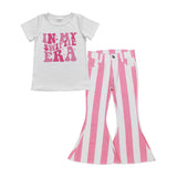 In My Era Singer Pink Stripe Denim Girls Short Sleeve+Trousers Sets