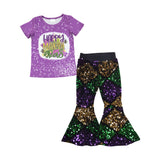 Happy Purple Green Gold Sequins Girls Mardi Gras Outfits