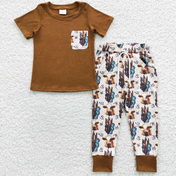 Aztec Cow Cactus Brown Boys Short Sleeve+Trousers Sets