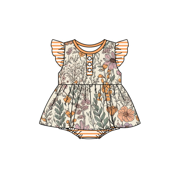 Personal customization- Floral Leaves Stripe Ruffles Girls Summer Romper