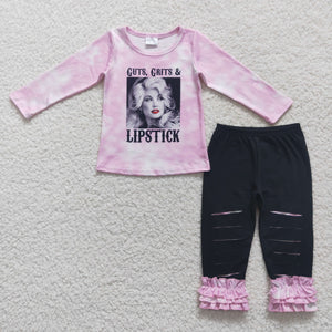 Lipstick Pink Black Girls Long Sleeve+Trousers Sets