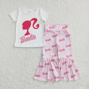 Cartoon Dolls Plaid White Girls Short Sleeve+Trousers Sets