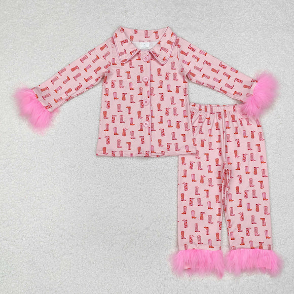 Boots Pink Furry Decoration Girls Long Sleeve Pajamas