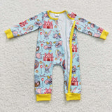 Cartoon Elephant Sky Blue Boys Fall Romper