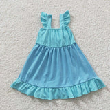 Cartoon Princess Bow Sky Blue Girls Flutter Sleeve Dress