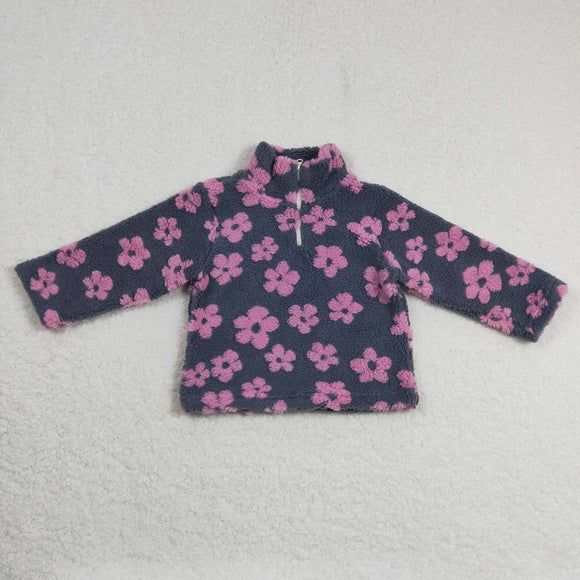 Pink Floral Gray Kids Pullover Plush Coat