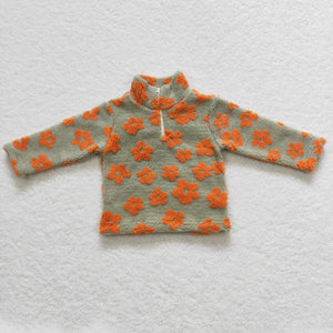 Orange Floral Green Kids Pullover Plush Coat