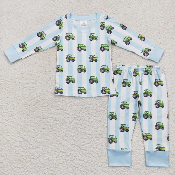 Farm Tractor Blue White Stripe Boys Long Sleeve Pajamas