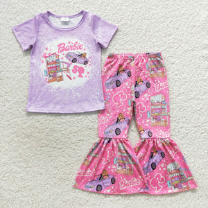 Cartoon Dolls Purple Girls Short Sleeve+Trousers Sets