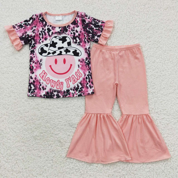 Howdy Yall Smile Pink Girls Short Sleeve+Trousers Sets