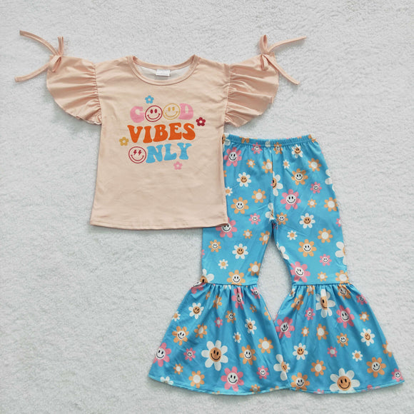 Good Vibes Only Smile Floral Girls Short Sleeve+Trousers Sets