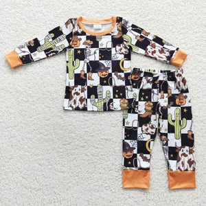 Pumpkin Cactus Plaid Boys Halloween Pajamas