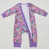 Cartoon Dogs Floral Purple Girls Fall Romper