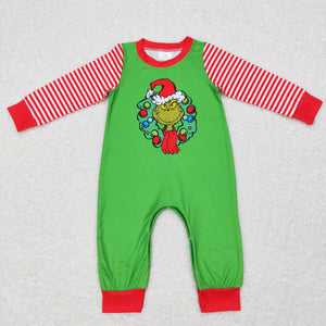 Cartoon Red Stripe Green Boys Christmas Romper