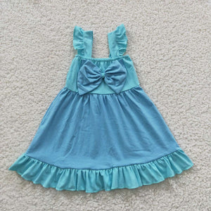 Cartoon Princess Bow Sky Blue Girls Flutter Sleeve Dress