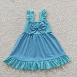 Cartoon Princess Bow Sky Blue Girls Flutter Sleeve Dress