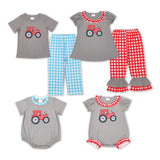 Heart Tractor Gray Red Plaid Ruffles Girls Valentines Outfits