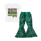 Letters Green Sequins Girls Mardi Gras Outfits