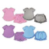 Solid Pink Velvet Ruffles Girls Shorts Sets