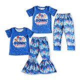 Letters Cartoon Blue Girls Short Sleeve+Trousers Sets